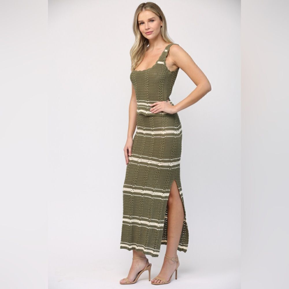 038. Crochet Tank & Skirt Set- Olive/Cream